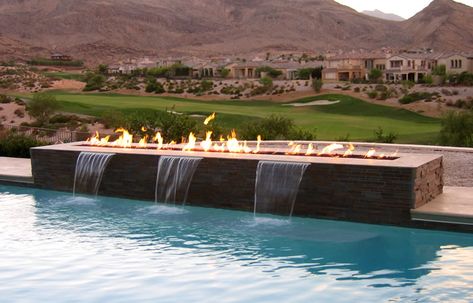 Exterior Lighting Design, Moderne Pools, Outside Fire Pits, Outdoor Fire Table, Outdoor Fire Pit Designs, Pool Water Features, Fire Pit Furniture, Pool Fountain, Pool Waterfall