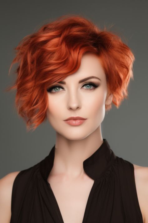 Get ready to turn up the heat on your style with the bixie cut featuring fiery copper waves. The wavy texture adds some volume while the vibrant copper shade makes a bold statement. Click here to check out more trending bixie haircut ideas for 2023. "bixie" Haircut Wavy, Roux Auburn, Bixie Haircut, Red Bob Hair, Red Hair With Bangs, Red Hair Trends, Red Copper Hair Color, Copper Red Hair, Shades Of Red Hair