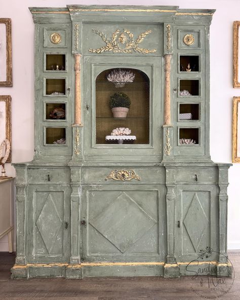 She is complete! Leonie, French empire revival china cabinet. Beautifully refinished to match the empire period. While I do enjoy a lacquer piece and perfect mirror like finish…It felt wonderful to use the classic traditional mediums again. I will never tire of a classic old world finish…it tells you a story and invites you closer to touch and feel. That speaks to my heart. ❤️ Now to rest my back, she will be available shortly…details to come. Till then my sweet friends, Bon apres-midi... China Cabinet Painted, Style China Cabinet, Vintage China Cabinets, Breakfront China Cabinet, Painted China Cabinets, Mid Century French, China Cabinets, Open Bookcase, French Empire