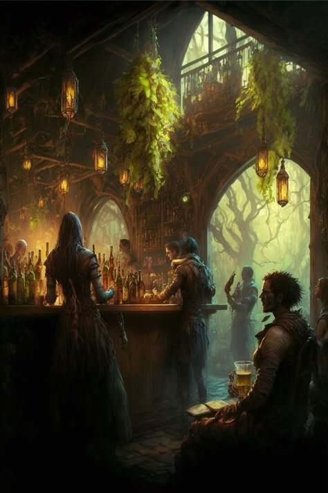 Fantasy Inn Concept Art, Fantasy Tavern Art, Fantasy Tavern Aesthetic, Pirate Fantasy Art, Steampunk Forest, Forest Bar, Fantasy Inn, Fantasy Tavern, Fantasy Pirate