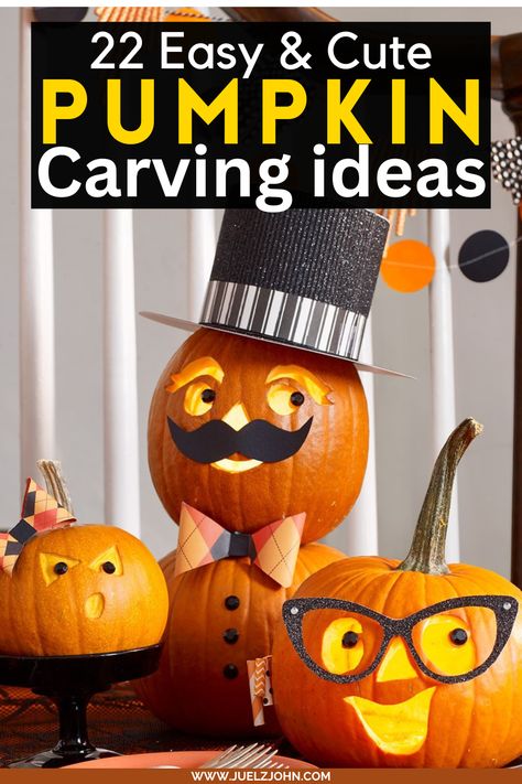 22 Cute and easy pumpkin carving and decorating ideas to try this Halloween. Pumpkin carving ideas for Halloween. How To Carve A Ghost Pumpkin, Jack O Lantern Faces Patterns, Cute Jack O Lantern Faces, Easy Monster Pumpkin Carving, Harry Potter Pumpkin Carving, Owl Carved Pumpkin, Cute Jack O Lantern, Unique Pumpkin Carving, Unique Pumpkin Carving Ideas