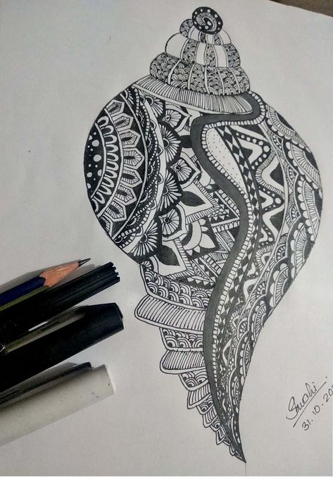 Mandala shankha art.. ❤️ Shankha Design, Easy Mandala, Easy Mandala Drawing, Simple Mandala, Lips Drawing, Black Pen, Mandala Design Art, Mandala Drawing, Zentangle Art