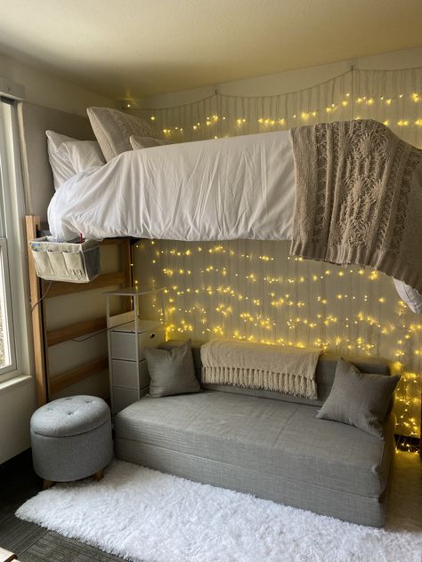 Dorm Decorations Lofted Bed, Dorm Room High Bed Ideas, Dorm Room With Couch Under Bed, Couch Under Dorm Bed, 2 Person College Dorm Room Ideas, Cute Dorm Ideas Colleges, Dorm Room Ideas With Couch, Mega Bed Dorm Room, College Loft Dorm Room Ideas