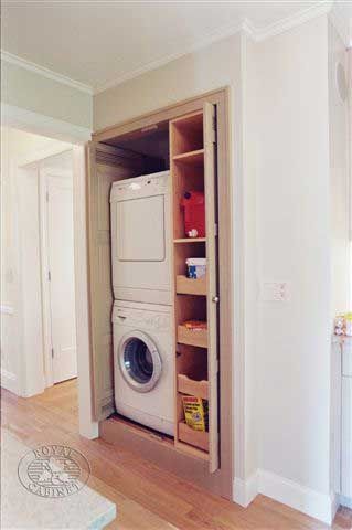 Laundry Room Stackable, Washer Dryer Laundry Room, Small Home Storage, Laundry Room Storage Shelves, Small Laundry Room Organization, Small Closet Space, Room Storage Diy, Stackable Washer And Dryer, Basement Laundry Room