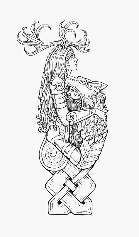 Danu Goddess Tattoo, Norse Art Drawings, Feminine Norse Tattoo, Valkyrie Tattoo Design Norse Mythology, Ulfhednar Tattoo, Viking Art Drawing, Nordic Mythology Tattoo, Nordic Tattoo Ideas, Odin Art