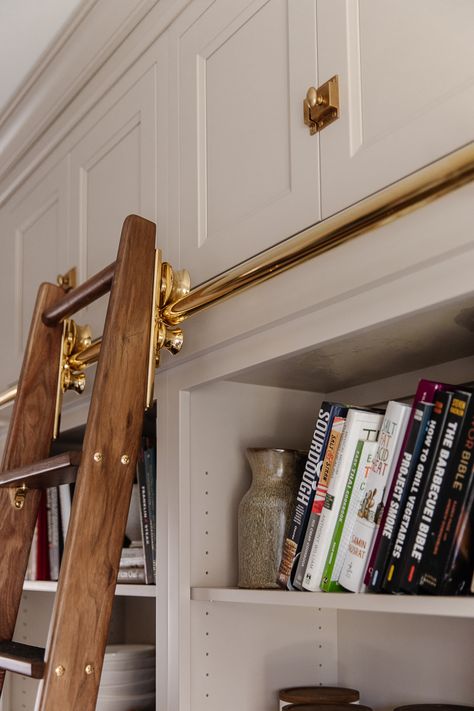 Our Custom Gliding Ladder in the Kitchen - Chris Loves Julia Unlacquered Brass Kitchen, Kitchen Ladder, Library Ladder, House Planning, Chris Loves Julia, Am I The Only One, Wooden Ladder, Dreams Do Come True, Wooden Shelf