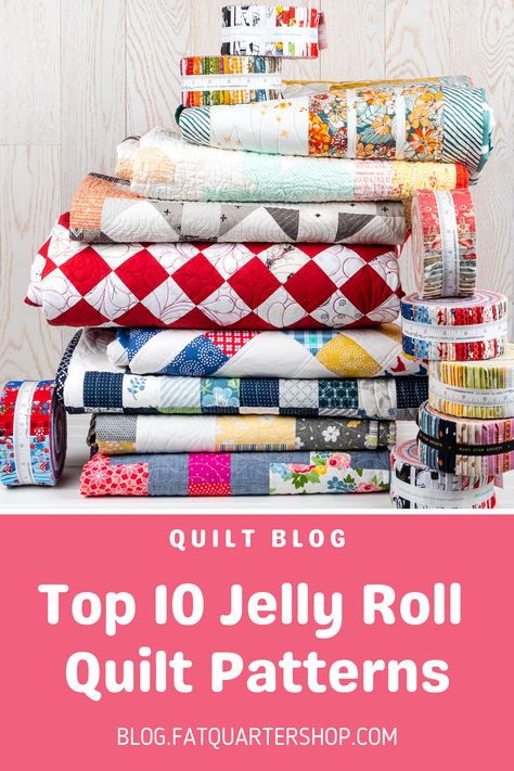 Read all about our top ten Jelly Roll quilt patterns! These patterns are fun and extra quick to sew! Visit the Jolly Jabber Blog! Jelly Roll Quilt Patterns Free Tutorials, Easy Jelly Roll Quilt, Quilt Tutorial Video, Moda Jelly Rolls, Jelly Roll Projects, Jelly Roll Patterns, Lap Quilt Patterns, Jelly Roll Quilt, Ribbon Quilt