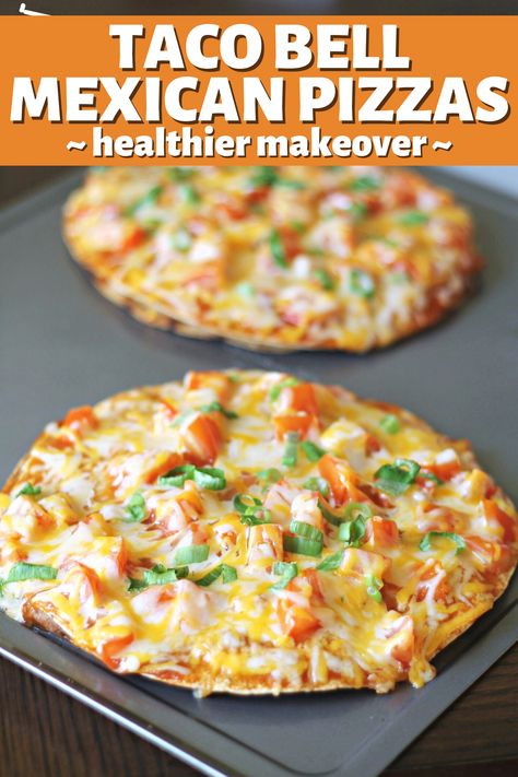 Copycat Taco Bell Mexican Pizzas are the PERFECT dinner recipe! With less than 400 calories, you can feel good about serving this fresh family meal! Lightened Up Taco Bell Copycat Mexican Pizzas, Mexican Dinner Night Ideas, Healthy Lunch Ideas Mexican, Mexican Dishes Healthy, Ww Taco Bell Mexican Pizza, Weight Watchers Taco Bell Mexican Pizza, Ww Mexican Pizza, Taco Bell Inspired Meals, Healthy Taco Bell Copycat