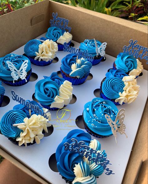 Blue Purple And White Cupcakes, Blue Birthday Cupcakes For Women, Light Blue Cupcakes Birthday, Blue Cupcake Ideas Birthday, Blue And Red Cupcakes, Cupcakes Decoration Blue, Blue Themed Cupcakes, Red And Blue Cake Design, Red And White Cupcakes Ideas