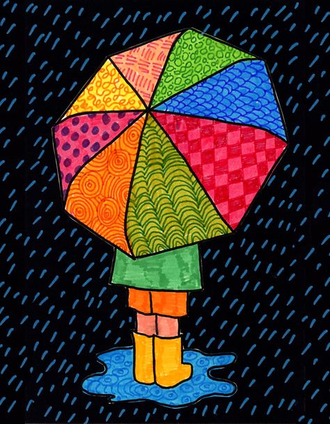 Learn how to draw an umbrella and then fill it with lots of pretty patterns. Start with my template and tutorial and it all gets super easy! Umbrella Coloring Page, Umbrella Drawing, Spring Art Projects, Arte Doodle, 2nd Grade Art, Daily Ideas, 5th Grade Art, 3rd Grade Art, Art Projects For Kids