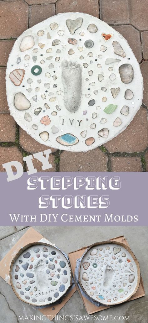 Diy Footprint Stepping Stones, Quick Concrete Projects, Footprint Garden Stones, Garden Stones Diy, Stepping Stones Kids, Diy Stepping Stones, Stepping Stone Molds, Diy Cement, Footprint Keepsake