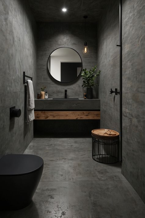 Create an elegant and sleek minimalist bathroom featuring smooth concrete flooring and stylish matte black fixtures. Embrace modern simplicity and understated luxury.  #MinimalistDesign #ConcreteFlooring #MatteBlackFixtures #ModernBathroom #SleekDesign #ElegantInteriors #ContemporaryStyle #UnderstatedLuxury Black Tadelakt Bathroom, Black Grouted Bathroom, Concrete And Tile Bathroom, Black And Concrete Bathroom, Modern Cement Bathroom, Cement Finish Bathroom, Charcoal Bathroom Ideas, Bathroom Ideas Black Fixtures, Concrete Wall Bathroom