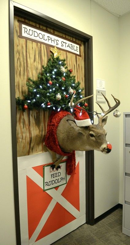 Rudolph Christmas Door Decorating Contest, Reindeer Door Decoration For Classroom, Rudolph Door Decorating Ideas, Christmas Door Decorations Contest, Door Decorating Contest Christmas Office, Reindeer Door Decoration, Christmas Office Door Decorations Ideas, Christmas Door Decorating Contest Office, Reindeer Stable