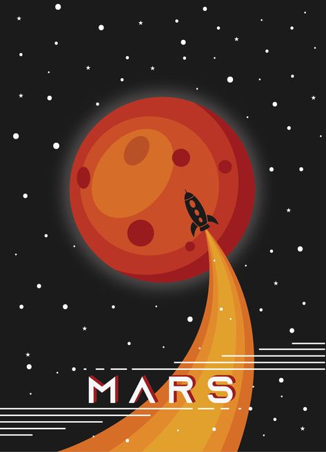 Mars poster print on matte photo paper, in A2, A3, A4, or A5 sizes from a graphic designer and Etsy seller, Instagram @merci.arts Space Elements Illustration, Sci Fi Illustration Art, Rocket Graphic Design, Planet Illustration Design, Mars Graphic Design, Mars Planet Art, Space Illustration Kids, Planetarium Aesthetic, Galaxy Graphic Design