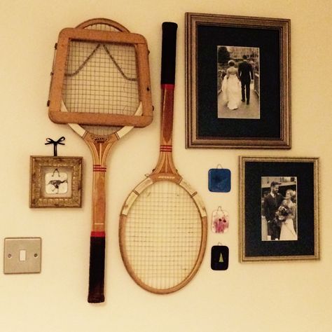 Vintage Tennis Racket Wall Decor, Tennis Rackets On Wall, Tennis Racket On Wall, Old Tennis Rackets Ideas, Vintage Tennis Racket Decor Wall Art, Old Tennis Racket Decor, Tennis Racket Wall Decor, Vintage Tennis Racket Decor, Wedding Picture Wall