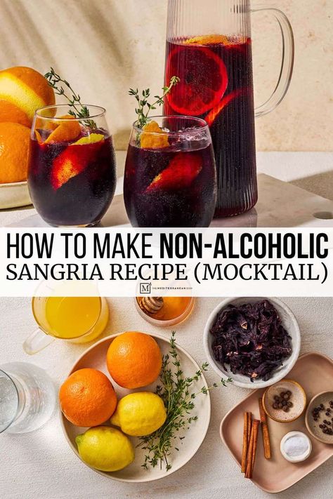 Non alcoholic sangria recipe with a spiced hibiscus syrup, fresh citrus, and thyme. This delicious sangria mocktail recipe is perfect for serving a crowd! Sangria Mocktail, Holiday Sangria Recipes, Non Alcoholic Sangria, Hibiscus Syrup, Sangria Ingredients, Dried Hibiscus Flowers, Thyme Recipes, The Mediterranean Dish, Sangria Recipe