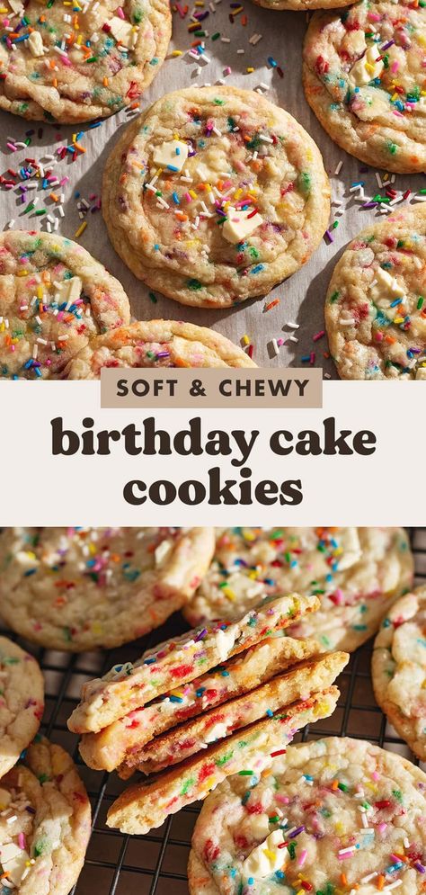 These soft and chewy birthday cake cookies are full of white chocolate and rainbow sprinkles. They're made with clear vanilla extract for that classic birthday cake flavour in cookie form! #cookies #birthdaycake | teakandthyme.com Mrs Fields Sugar Cookie Recipe, Classic Birthday Cake, Birthday Cake Cookies, Cookies With White Chocolate, Cake Batter Cookies, Vegan Birthday Cake, Xmas Desserts, Funfetti Cookies, Classic Birthday