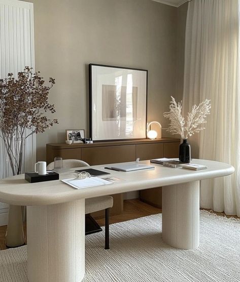 Serene Home Office, Living Room With Desk Area Layout, Colin King Interiors, Turning Bedroom Into Office, Small Office Coffee Station, Jacquemus Office, Woman’s Home Office Ideas, Desk In Living Room Apartment, Cozy Office Aesthetic