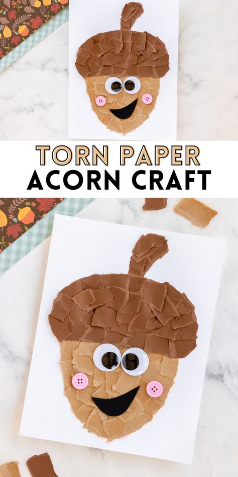 Fall Fun Preschool Crafts, Torn Paper Acorn Craft, Fall Hanging Crafts Preschool, Fun Prek Crafts, Preschool Cardboard Crafts, Fall Ideas Activities For Kids, Fall Story And Craft, Acorn Painting Preschool, November Crafts For Kindergarteners