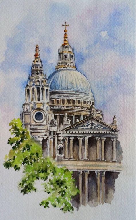 Watercolour Buildings Architecture, Buildings In Watercolor, Architecture Drawing Color, Watercolor Monuments, Watercolor Urban Sketching, Watercolor Architecture Simple, London Drawing Sketches, Watercolor Architecture Sketches, Building Watercolor Painting