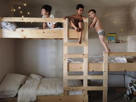 Three Beds, Kids Room Design Ideas Kids Room With Bunkbeds, Bunk Bed Designs For Teens, Triple Bunk Beds, Modern Bunk Beds, Small Kids Room, Bunk Rooms, Bunk Beds With Stairs, Space Bedding, Bedroom Furnishings