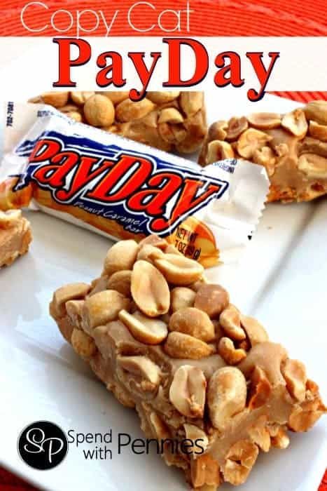 This Copy Cat PayDay Candy Bars are super fast and easy to make at home. Made with peanuts, marshmallows, and baking chips they are so yummy! Payday Bars, Payday Candy, Payday Candy Bar, Candy Bar Recipe, Pay Day, Spend With Pennies, Candy Recipes Homemade, Baked Chips, Peanut Butter Chips