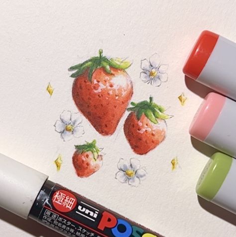 #art #strawberry #copic #posca #drawing #markers Strawberry Marker Drawing, Strawberry Pencil Drawing, Marker Art Sketchbook, Cute Things To Draw With Alcohol Markers, Alcohol Marker Sketchbook, Cute Strawberry Drawing Kawaii, Sketchbook Marker Drawings, Strawberry Drawing Cute, Cute Marker Art