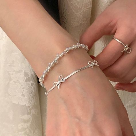 Material: Zinc Alloy Aesthetic Bracelets Silver, Bracelet Cute Aesthetic, Korea Accessories, Cute Bangles, Silver Girly Jewelry, Nice Jewelry, Shabby Chic Bracelets, Couqutte Jewelry, Cute Jewelry Aesthetic