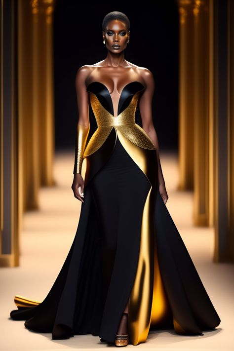 Lexica - Create a futuristic elegant and haute couture evening dress for women that has black color, gold color and is represented in full length wit... Black And Gold Gown, Black And Gold Outfit, Robes Glamour, Couture Evening Dress, Gold Gown, Gaun Fashion, Elegant Attire, Haute Couture Dresses, Black Dress Outfits