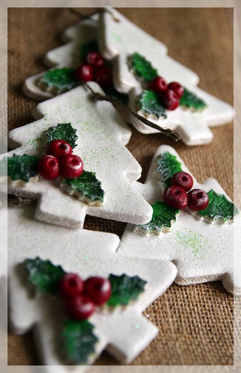 Salt Dough Christmas Tree                                                                                                                                                      More Salt Dough Christmas Ornaments, Salt Dough Crafts, Clay Christmas Decorations, Holly And Berries, Salt Dough Ornaments, Dough Ornaments, Food Ornaments, Polymer Clay Ornaments, Christmas Clay