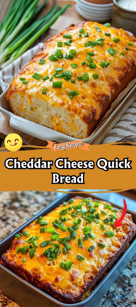 Enjoy the no-yeast, no-fuss Cheddar Cheese Quick Bread, perfect for those who want homemade bread in a hurry. This bread is packed with sharp cheddar cheese and a hint of garlic, making it moist, flavorful, and ideal for pairing with soups or salads. #CheeseBread #QuickBread #EasyBaking Homemade Cheesy Bread, Cheddar Cheese Quick Bread, Easy Cheese Bread, Cheese Quick Bread, Homemade Cheddar Cheese, Cheddar Cheese Bread, Loaf Bread Recipe, Cheese Bread Recipe, Comfort Casseroles