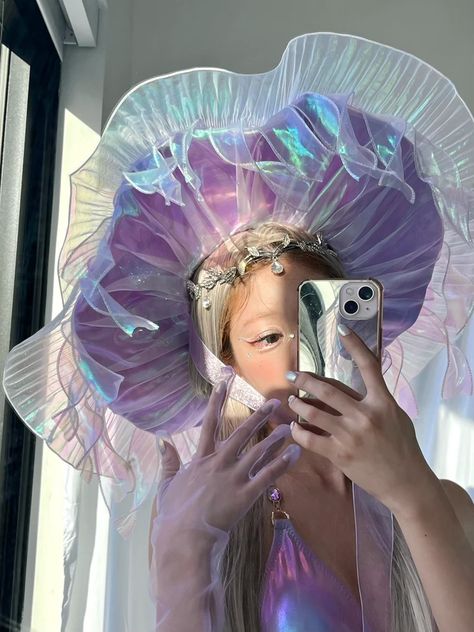 Lilacpurple Dreamy Jellyfish Hat Holographic Metallic Space Rave Hat, Rave Wear, Rave Decor, Rave Outfit, Festival, Festival Outfit,edm,edc - Etsy Adult Jellyfish Costume, Witch Hat Inspiration, Jelly Fish Costume Diy Adult, Unique Fashion Design, Jellyfish Costume Women, Lily Pad Hat, Jellyfish Outfit Aesthetic, Jellyfish Hat Diy, Jellyfish Aesthetic Outfit