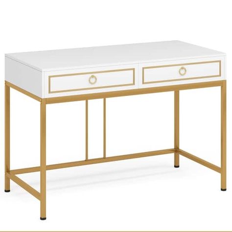 Computer Desk with 2 Drawers, 41.3" Modern Simple White and Gold Writing Desk with Storage Drawers, Makeup Vanity Console Table - Bed Bath & Beyond - 36087807 Study Desk Modern, Entry Console Table, Girl Desk, Gold Writing, Desk With Storage, Makeup Table Vanity, Table Bed, Entryway Console Table, Vanity Desk