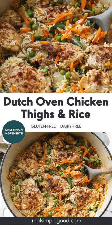 Juicy, perfectly seasoned chicken thighs combine with rice and veggies in this easy one pan dutch oven chicken and rice recipe. Only 15-minutes of active cooking time and 6 main ingredients for an easy and healthy weeknight dinner. It's seriously the best one pot chicken and rice recipe! It's great for leftovers, meal prep and freezer friendly. via @realsimplegood Best Dutch Oven Chicken Recipes, One Pot Dutch Oven Meals Chicken, Chicken Thigh Recipes In Dutch Oven, Dutch Oven Supper Recipes, Dutch Oven Paleo Recipes, Easy Healthy Dutch Oven Recipes, Meals In Dutch Oven One Pot, Chicken Rice Dutch Oven, One Pot Dutch Oven Recipes