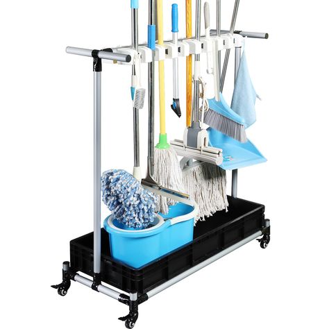 PRICES MAY VARY. 1、Powerful Storage Capacity: The broom and mop caddy can hold up to 16 different-sized and different-material long-handled tools, while the 20 foldable hooks provide additional storage for smaller items. The base sink is spacious enough to accommodate large cleaning tools like buckets. 2、Agile and Easy to Maneuver: This cleaning cart is designed for effortless transportation of cleaning tools, saving your energy and enhancing cleaning efficiency. Equipped with four silent wheels Cleaning Cart, Mop Holder, Broom Holder, Household Cleaning Supplies, Brooms, Diy Cleaning Products, Household Supplies, Room Organization, Cleaning Solutions