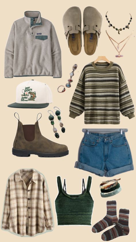 Granola girl aesthetic style outfits, patagonia synchilla fleece, jean shorts, blundstone boots, Birkenstock clogs, crystal jewelry, jem rings, granola socks, comfy socks, flannel shirt, green tank top, blundstone boots, national park themed hat, green sweater, Life Tips, Outdoorsy Outfits, Granola Girl Outfits, Personal Style Types, Granola Outfits, Cute Hiking Outfit, Earthy Outfits, First Aid Beauty, Granola Girl