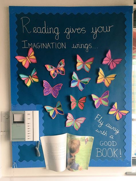 Reading gives your imagination wings... #ks2 #reading #display #book #nook #reading #corner #area #imagination School Library Reading Corner, Reading Corner Decor Classroom, English Corner Ideas, Book Corner Ideas Classroom Ks2, Classroom Reading Display, English Corner Decoration School, Reading Corner For Classroom, Ks2 Reading Corner, Book Classroom Themes