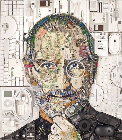 iClarified - Apple News - Steve Jobs Portrait Made From 20lbs of 'E-Waste' [Photo] Steve Jobs Birthday, Steve Jobs Apple, Waste Art, Electronic Waste, Collage Portrait, E Waste, Trash Art, Junk Art, Collage Artists