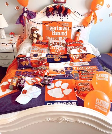 Clemson University Aesthetic, Clemson Aesthetic, Dorm Themes, Bed Party, Senior Season, College Bedding, Dream Dorm, Outfit Inso, College Aesthetic