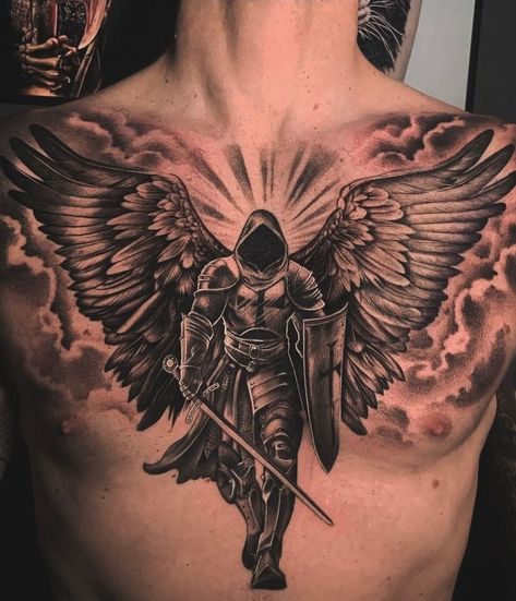 Mens Guardian Angel Tattoo, Gladiator Angel Tattoo, Michael Defeating Lucifer Tattoo, Saint Michael Chest Tattoo, Cross Shoulder Tattoo Men, Gabriel Angel Tattoo, Archangel Michael Tattoo For Men, Hip Tattoos Men, Saint Michael Tattoo Sleeve