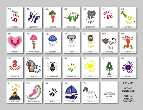 Kids Handprint & Footprint Alphabet 2 ways to have fun, with the premade graphics or DIY them yourself! Fun for all ages! Enjoy quality time with your little ones while creating memories with this handprint and footprint alphabet bundle! Perfect for at home or school or just something to do on a rainy day!  *No physical product will be shipped, this is a digital downloadable art print. 8.5 inches by 11 inches High resolution files. Now go on and enjoy the fun with your little ones! Less Alphabet Hand Print Art, Infant Alphabet Art, Footprint Alphabet Art, Q Handprint Craft, Hand Print Alphabet Book, Letter G Handprint Craft, I Handprint Craft, Alphabet Footprint Art, Abc Handprint Art Alphabet Book