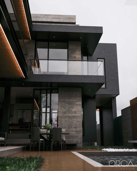 Modern House Design Grey, Dark Modern House Layout, Luxury Homes Dream Houses Exterior Black, Black Glass House Modern, Dark Modern House Exterior, Orca Design Architecture, Modern Black House Exterior, Orca Design House, Modern Black Houses