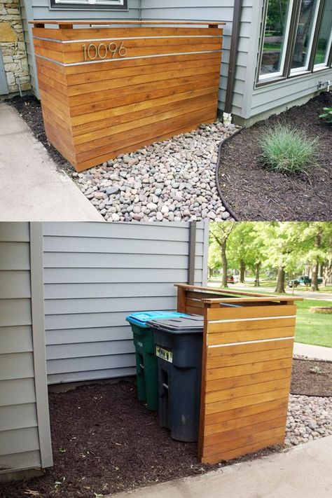 This cedar plank screen wall is a nice backdrop for our plantings but its primary purpose is to hide the garbage and recycling dumpsters. Labas Ng Bahay, Storage Outdoor, Cedar Planks, Casa Country, Small Woodworking Projects, Outdoor Stuff, Exterior Ideas, House Diy, Backyard Projects