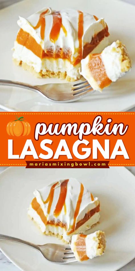 Are you looking for a fall food recipe that is good for beginners? Learn how to make this pumpkin lasagna recipe! It is simple yet sweet and tasty. You can have this delicious dessert without the need for baking. This savory pumpkin dish is a must-try! Pumpkin Cheesecake Lasagna Dessert, Easy Fall Desserts Quick And Simple, Canned Pumpkin Recipes Dessert, Canned Pumpkin Desserts, Desserts Lasagna, Recipes With Canned Pumpkin, Canned Pumpkin Recipes Easy, Dessert Lasagna Recipes, Pumpkin Fluff Dessert