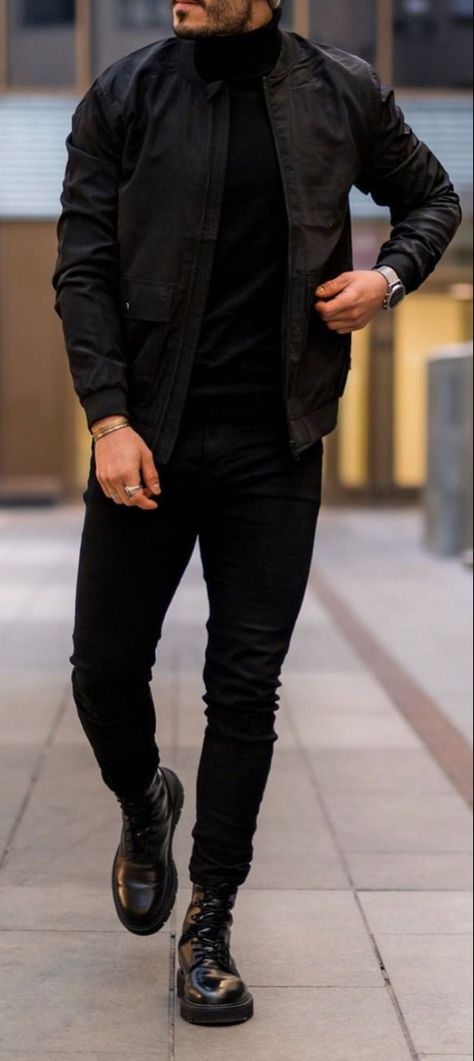 All Black Causal Outfits Men, Stylish Black Outfits Men, Classy Alternative Outfits Men, Causal Mens Outfits, Men Combat Boots Outfit, Professional Goth Work Outfits Men, Men’s All Black Outfit Ideas, Men’s All Black Dress Outfit, All Black Mens Fashion