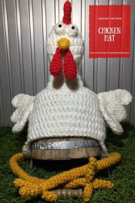 Crochet Funny Hats Free Pattern, Chicken Hat Crochet Pattern, Funny Crochet Hat, Chicken Hat Pattern, Chicken Hats, Funny Crochet, Chicken Pattern, Blankets Crochet, Hat Patterns Free