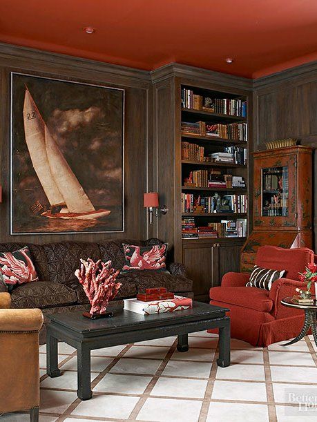 red/orange ceiling Home Library Design Ideas, Ceiling Paint Colors, Red Ceiling, Home Library Design, Design Library, Home Libraries, Library Design, Design Del Prodotto, Painted Ceiling