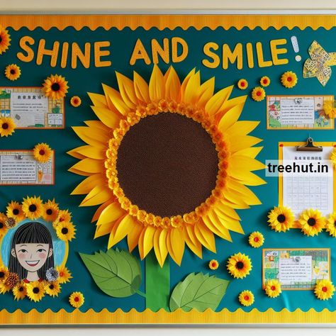 Sunflower Bulletin Board Ideas, School Bulletin Board Ideas, Summer Bulletin Board Bulten Board Ideas For School, Sunflower Board Ideas, Children's Day Decoration Ideas In School Classroom, Selfie Corner Ideas Photo Booths For School, Ideas For Bulletin Boards For School, School Boards Decorations, Bulletin Board Ideas Beginning Of Year, Chart Work Ideas For School, Bloom Bulletin Board Ideas