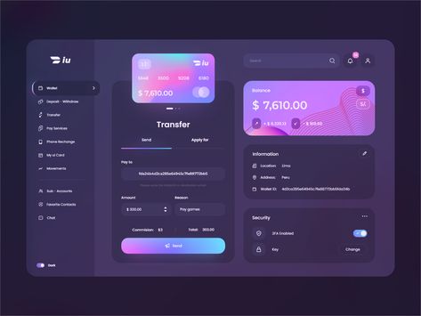 Wallet iuPayme Desktop Dark mode 💳 by Manuel Rovira 😺🤘 Ui Trends 2023, Ui Ux Design Trends, Ux Design Trends, Mode Purple, Card Ui, Ui Design Trends, App Interface Design, Desktop Design, Dashboard Ui