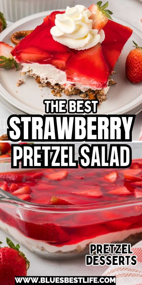 A strawberry pretzel salad with jello. Jello Pretzel Salad, Strawberry Pretzel Jello Salad, Pretzel Salad Recipe, Strawberry Pretzel Salad Recipe, Pretzel Dessert, Strawberry Pretzel Dessert, Easy Strawberry Desserts, Pretzel Desserts, Jello Dessert